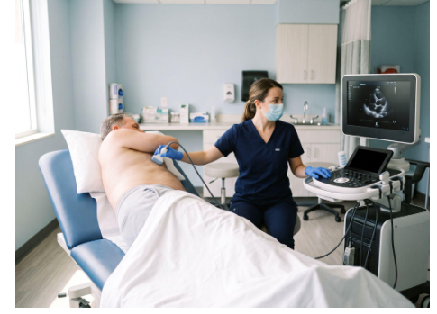 Ultrasound probe on the side of a man's chest during an echocardiogram