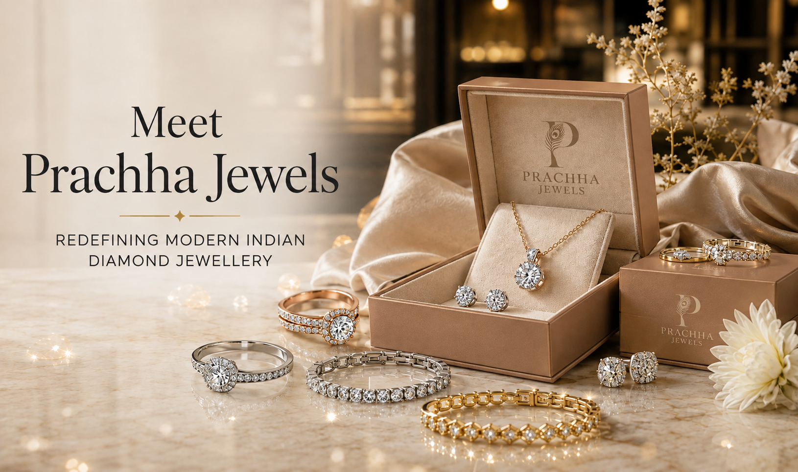 Prachha Jewels lab-grown diamond jewellery - rings, pendants, earrings and bracelets in branded gift boxes