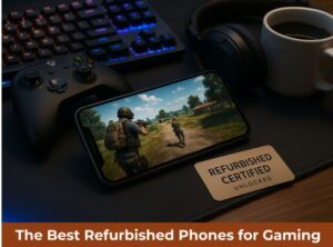 Refurbished phone showing action game on gaming desk with RGB keyboard, controller, headphones, and certified tag.