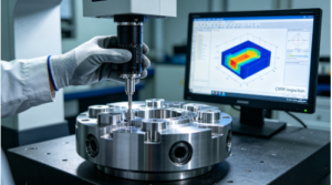 Close-up, realistic shot in a quality lab, showing an engineer's gloved hand using a CMM probe to inspect a finished 5-axis CNC machined part, with measurement data on the screen.