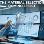 Engineer analyzing a hybrid 3D part model, visualizing the domino effect of material properties on CNC machining performance and decisions