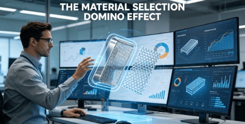 Engineer analyzing a hybrid 3D part model, visualizing the domino effect of material properties on CNC machining performance and decisions