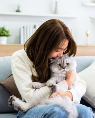 Domestic Violence young woman cuddling cat on couch