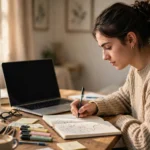 A student brainstorming essay ideas in a notebook beside a laptop