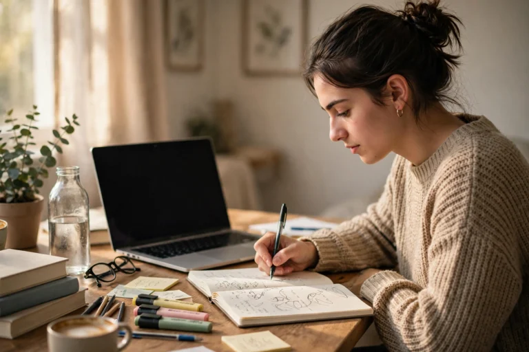 A student brainstorming essay ideas in a notebook beside a laptop