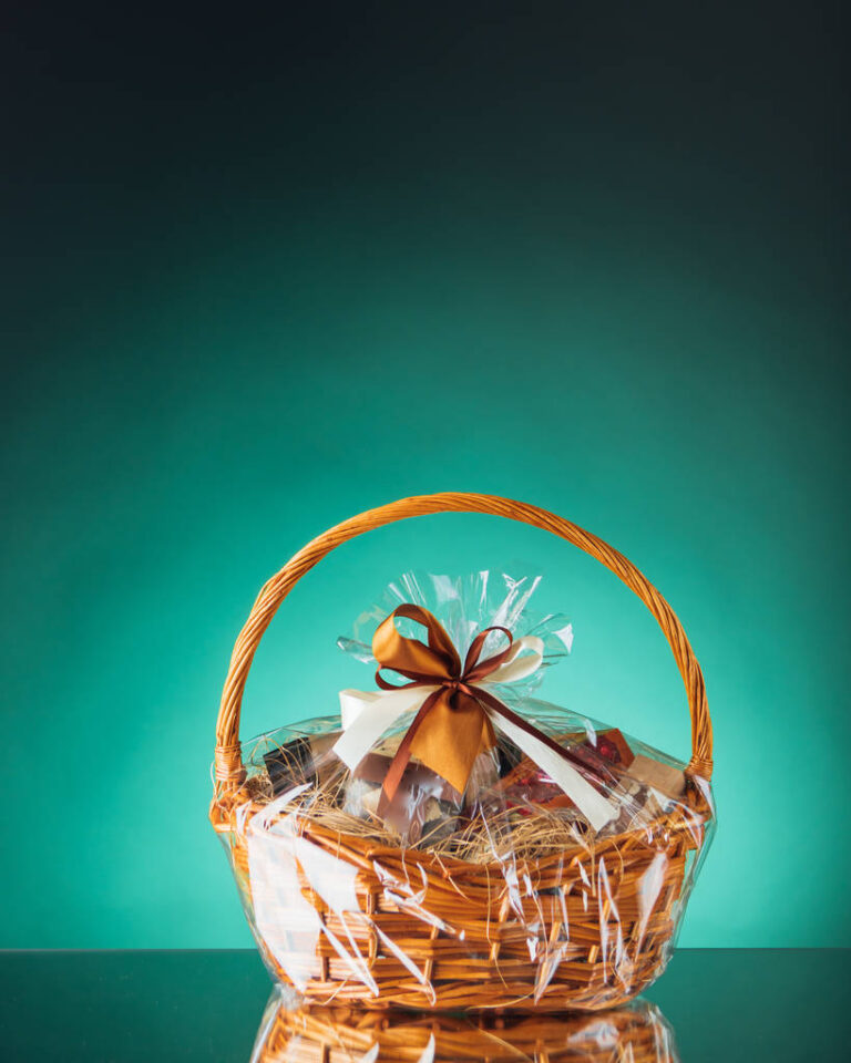 gift basket on emerald background
