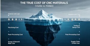 Infographic illustrating the iceberg of Total Cost of Ownership (TCO) for CNC machined parts, highlighting hidden costs beneath the surface of material unit price